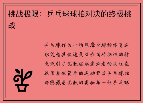 挑战极限：乒乓球球拍对决的终极挑战